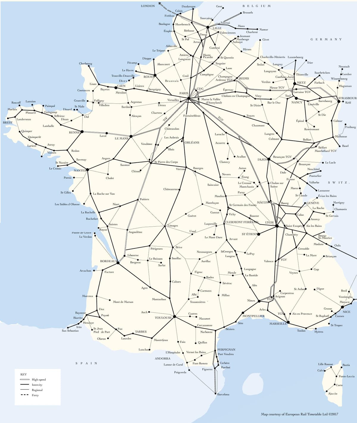 地図の電車線のフランス
