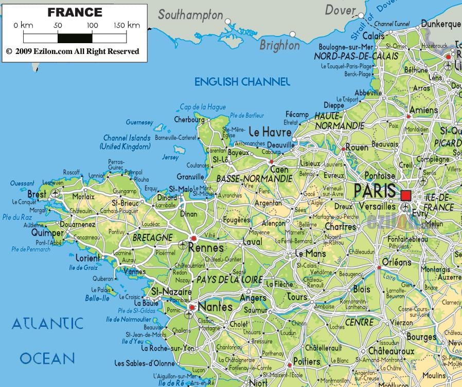 地図のフランス北部の海岸