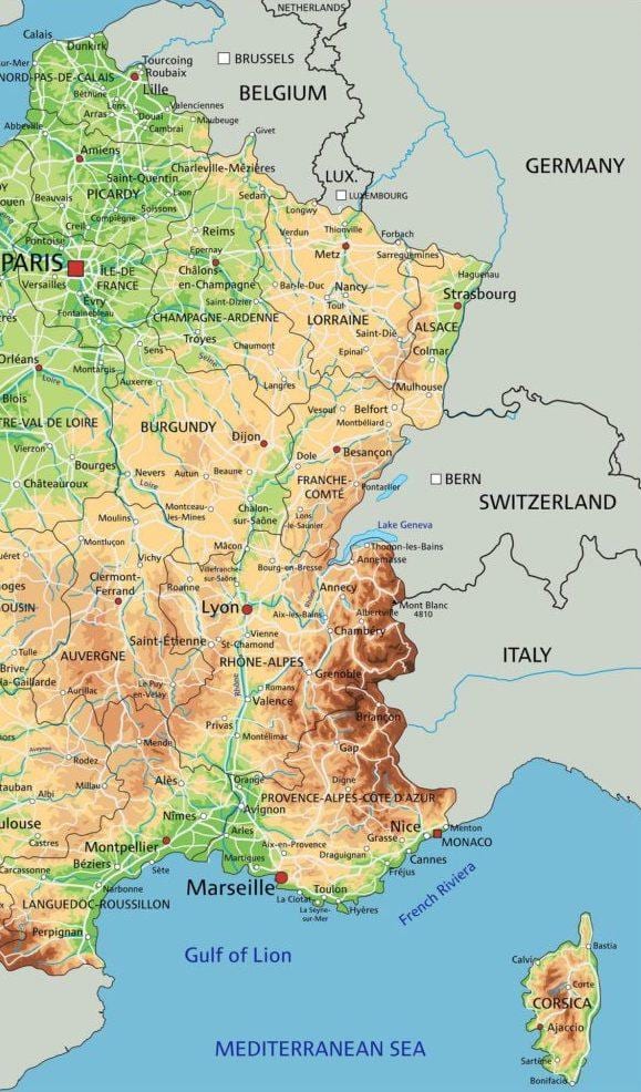 地図のフランス東部
