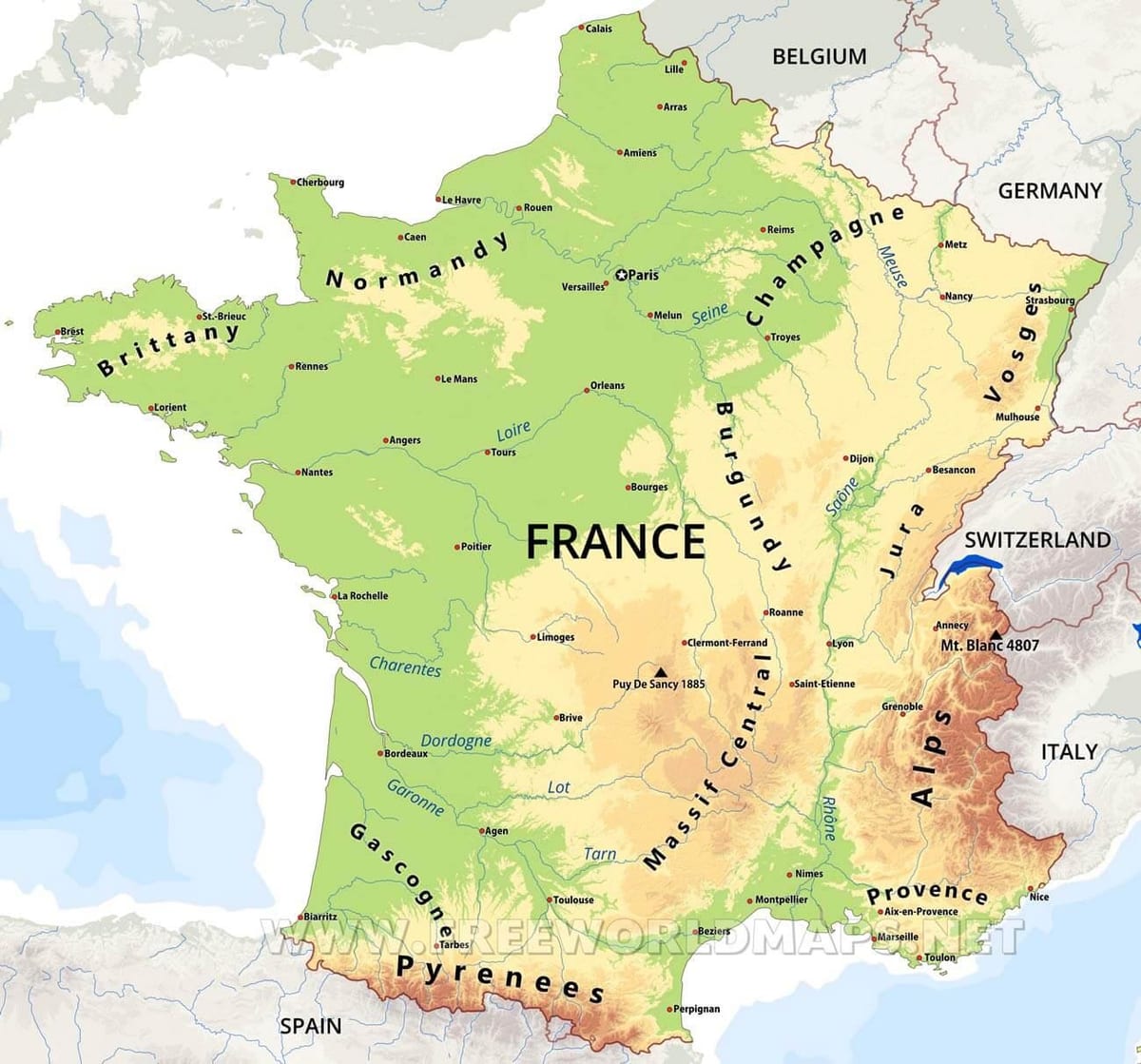 フランスの物理的特徴地図