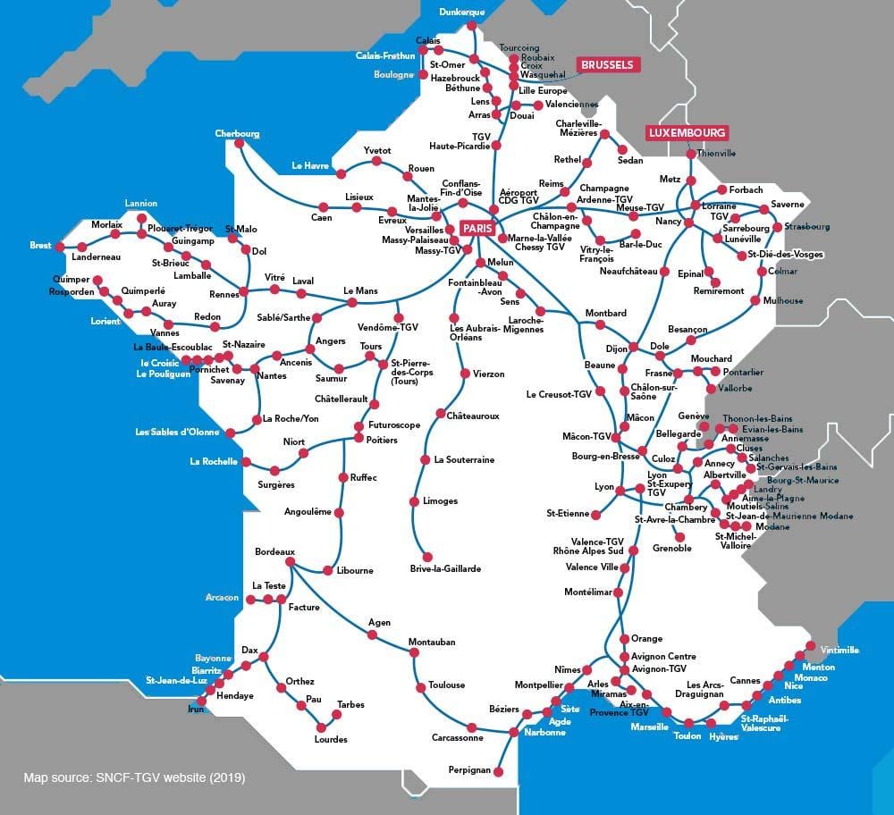 地図のフランスtgv路